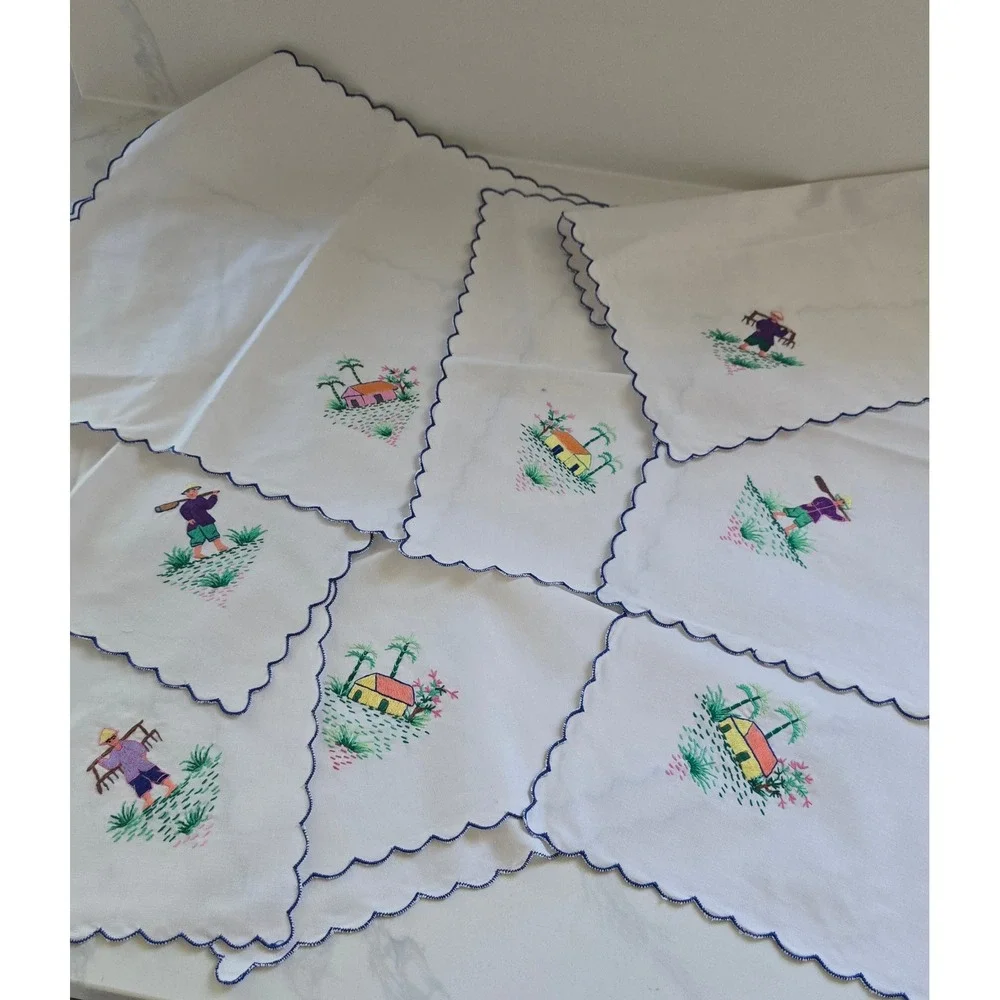 Vintage Hand Embroidered Napkins Scalloped Edge Set of 8 Folk Art Farm Scenes